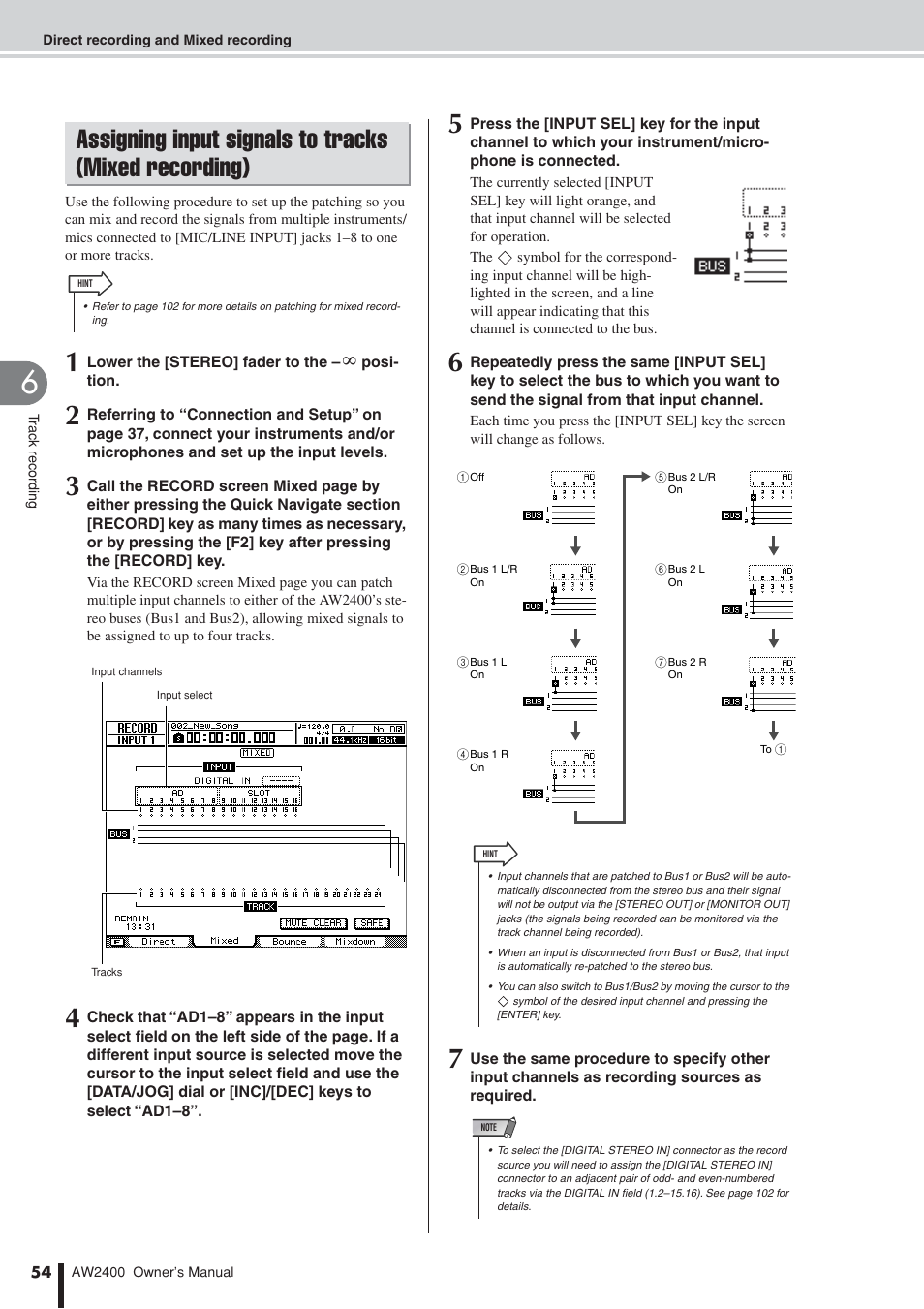 Assigning input signals to tracks, Mixed recording) | Yamaha AW2400 User Manual | Page 54 / 288