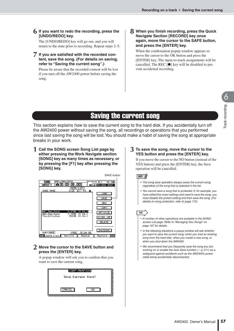 Saving the current song | Yamaha AW2400 User Manual | Page 57 / 288