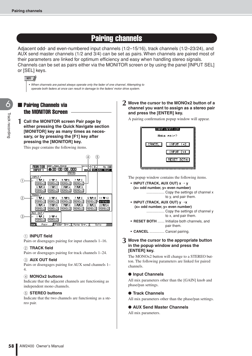 Pairing channels, P. 58) are selected as the record desti, Pairing channels via the monitor screen | Yamaha AW2400 User Manual | Page 58 / 288