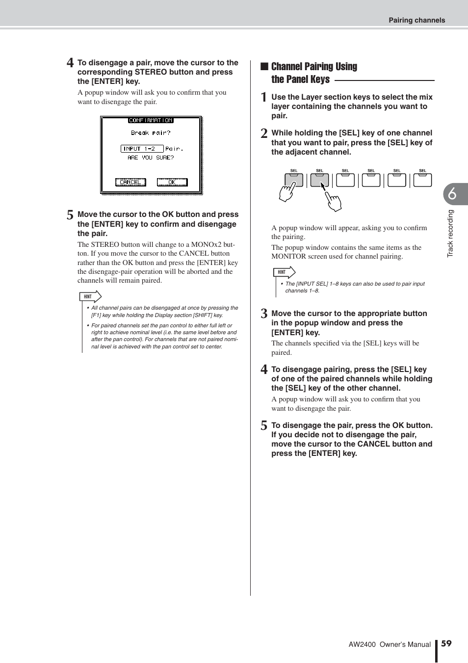 Channel pairing using the panel keys | Yamaha AW2400 User Manual | Page 59 / 288