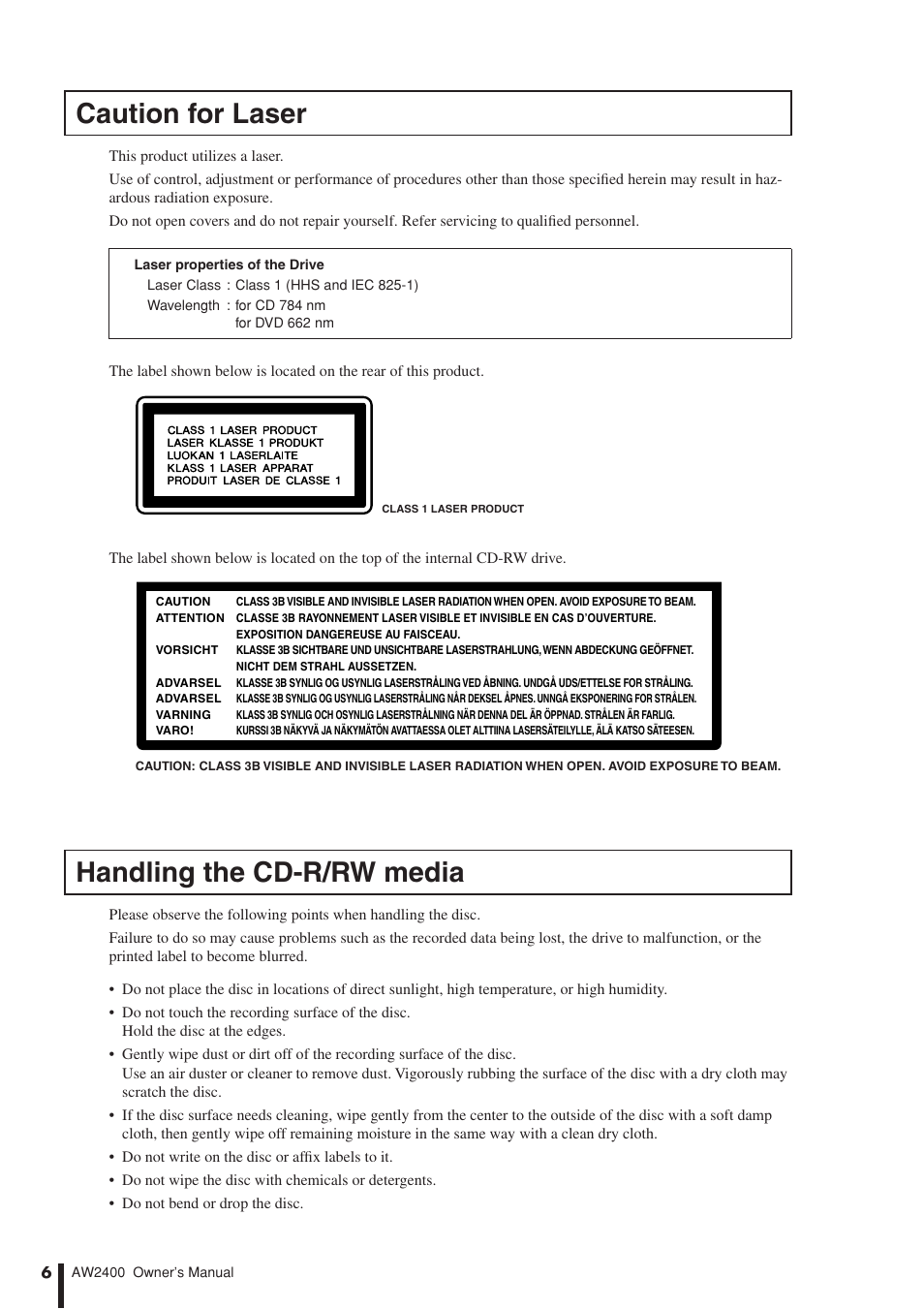 Caution for laser, Handling the cd-r/rw media | Yamaha AW2400 User Manual | Page 6 / 288