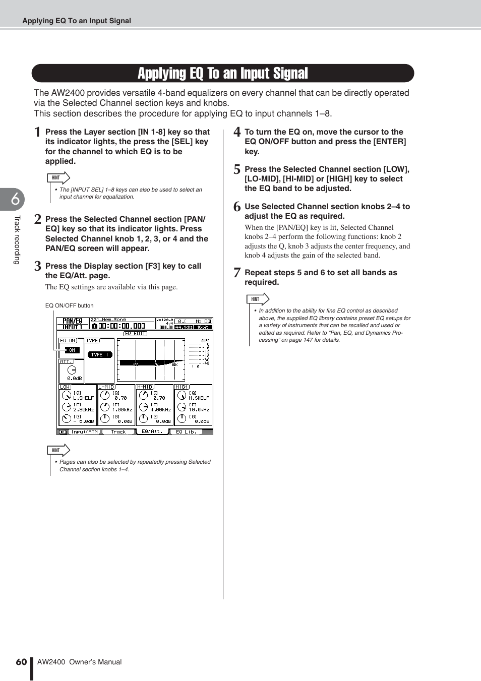 Applying eq to an input signal | Yamaha AW2400 User Manual | Page 60 / 288