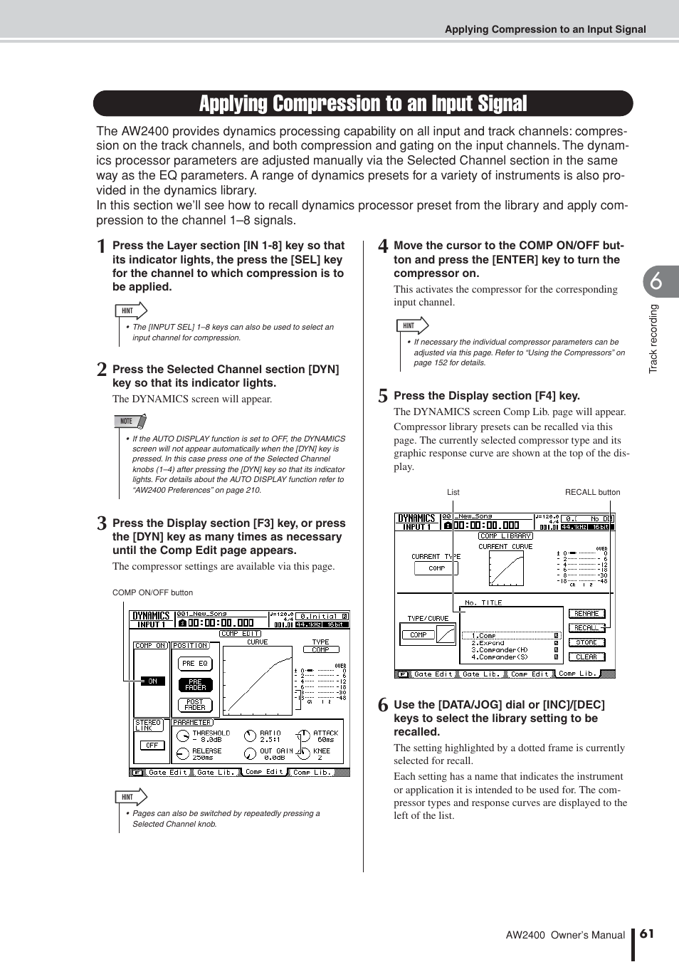 Applying compression to an input signal | Yamaha AW2400 User Manual | Page 61 / 288