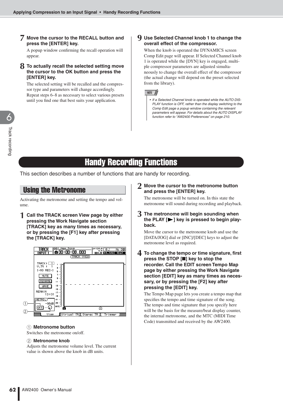 Handy recording functions, Using the metronome, P. 62) | Yamaha AW2400 User Manual | Page 62 / 288