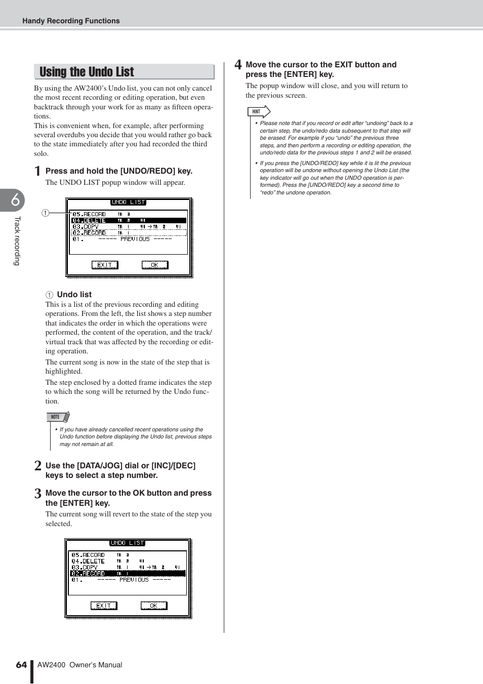 Using the undo list | Yamaha AW2400 User Manual | Page 64 / 288