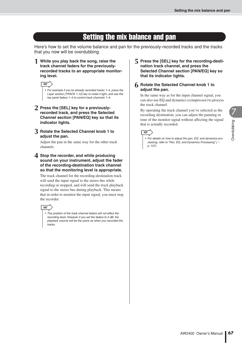 Setting the mix balance and pan | Yamaha AW2400 User Manual | Page 67 / 288