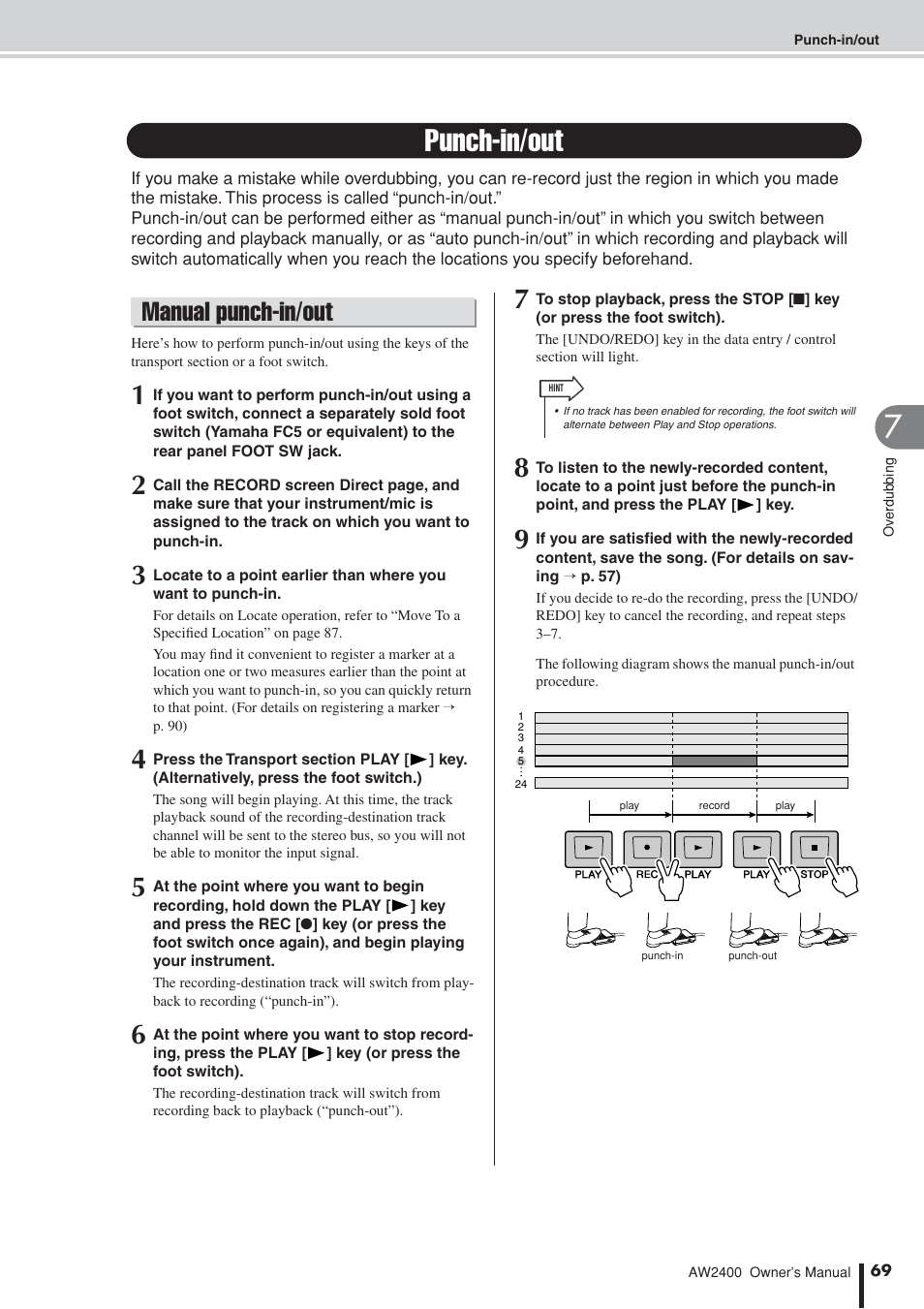 Punch-in/out, Manual punch-in/out | Yamaha AW2400 User Manual | Page 69 / 288