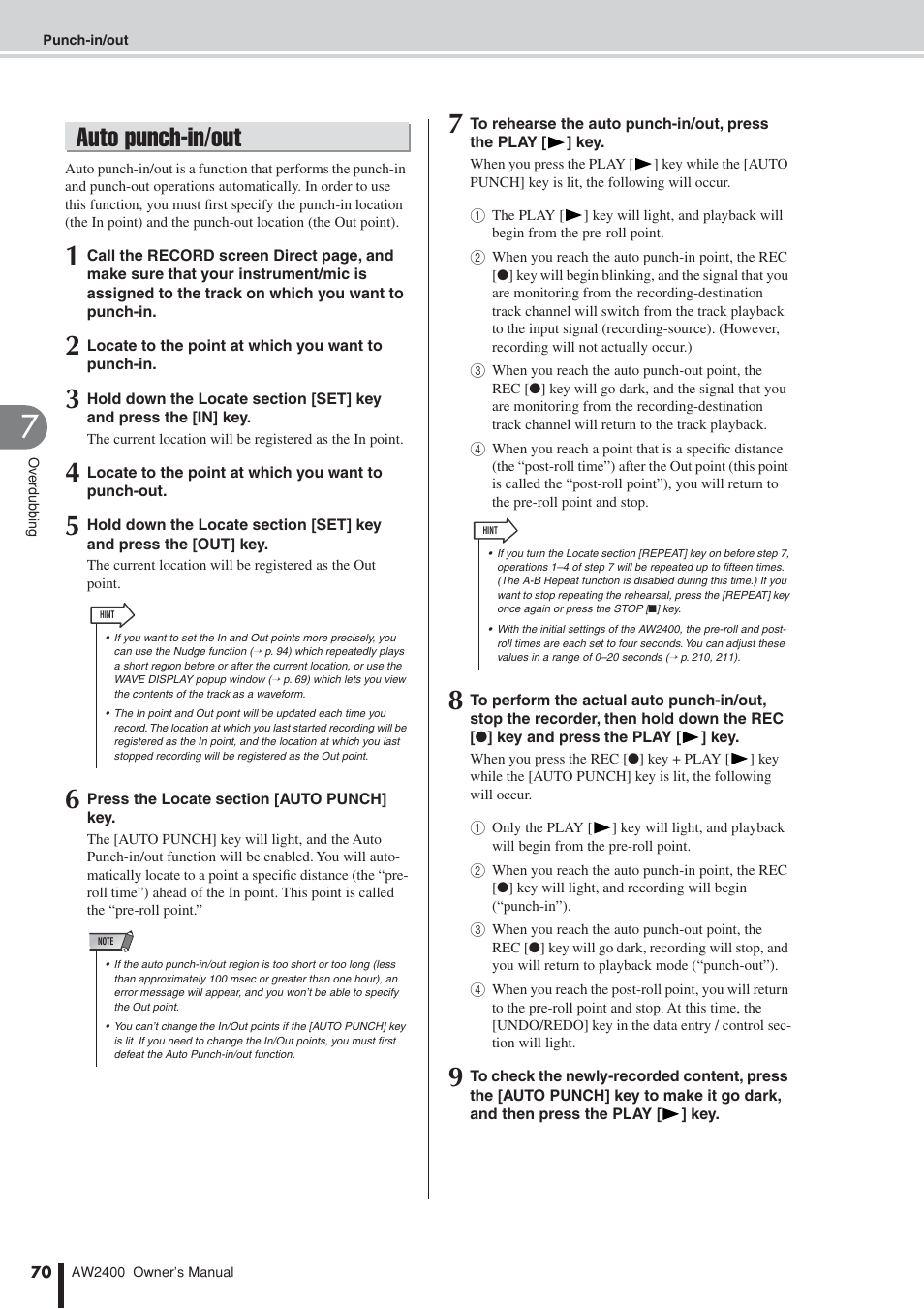 Auto punch-in/out | Yamaha AW2400 User Manual | Page 70 / 288