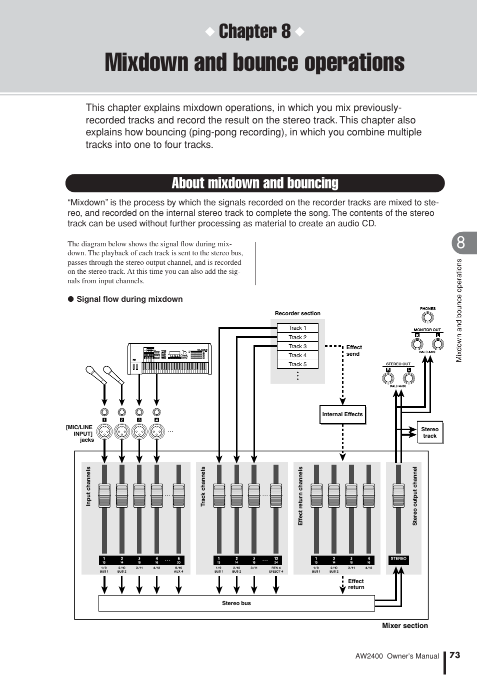 Mixdown and bounce operations, About mixdown and bouncing, Chapter 8 | Yamaha AW2400 User Manual | Page 73 / 288