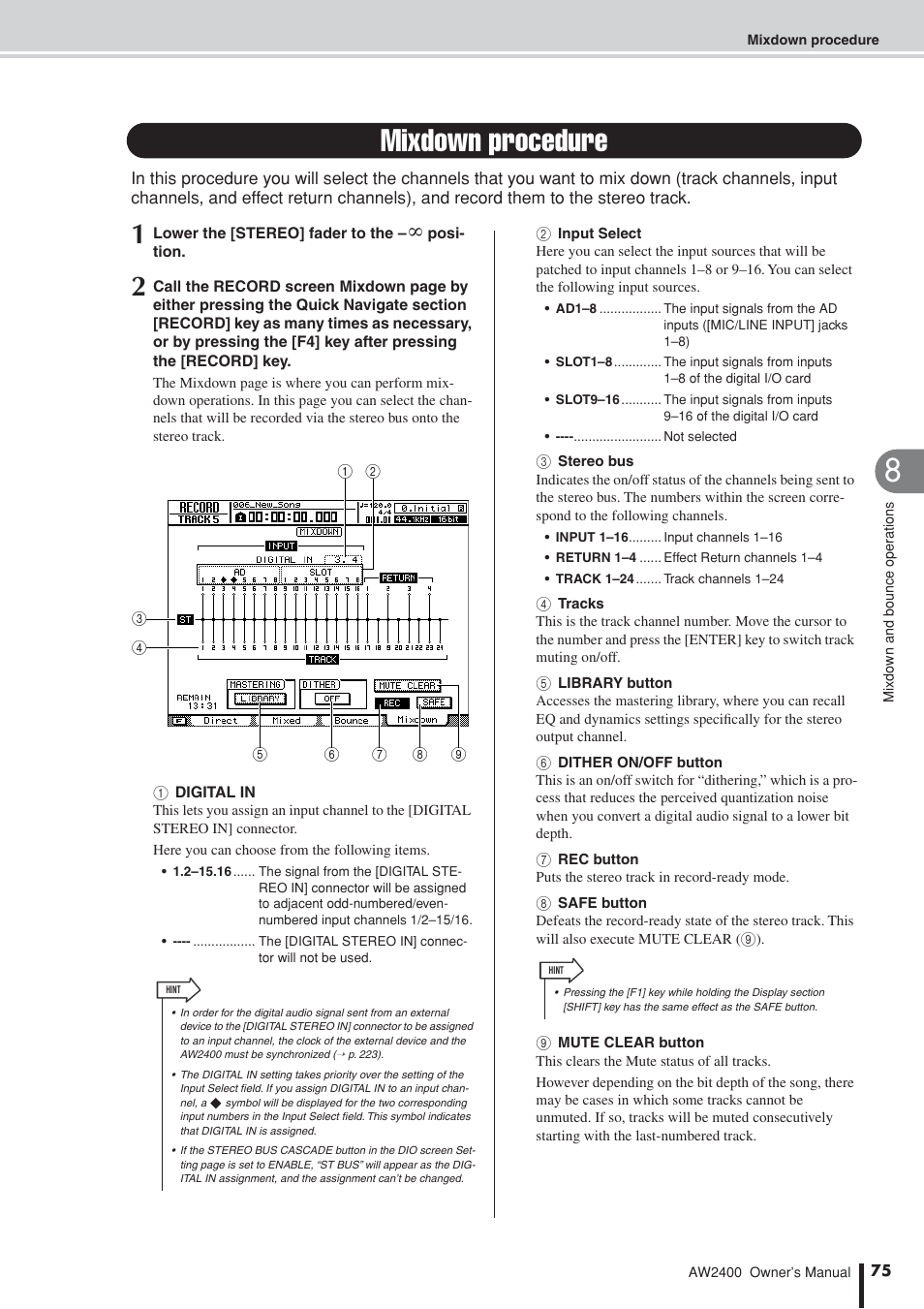 Mixdown procedure | Yamaha AW2400 User Manual | Page 75 / 288