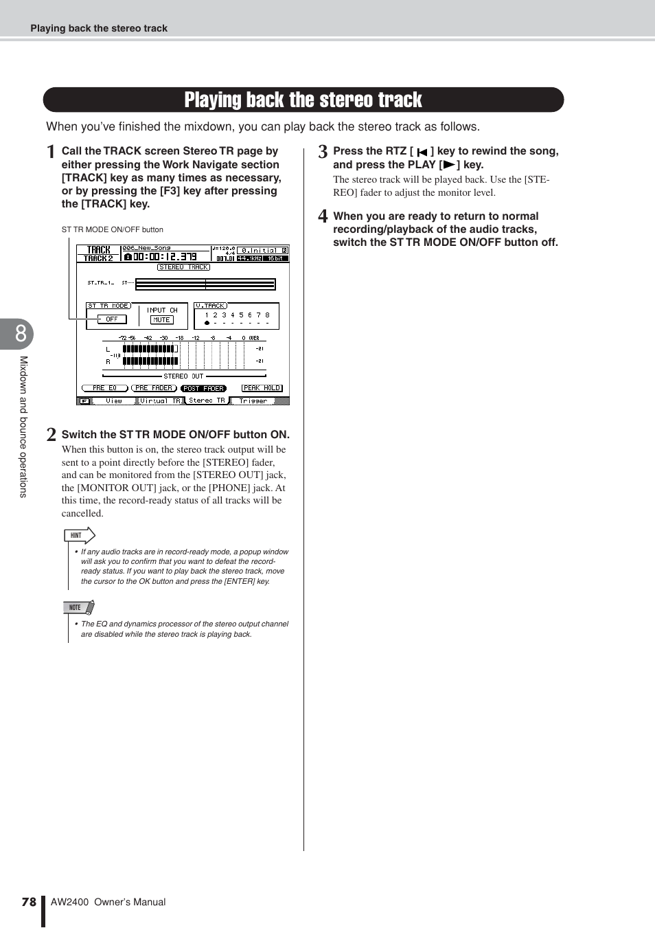 Playing back the stereo track | Yamaha AW2400 User Manual | Page 78 / 288