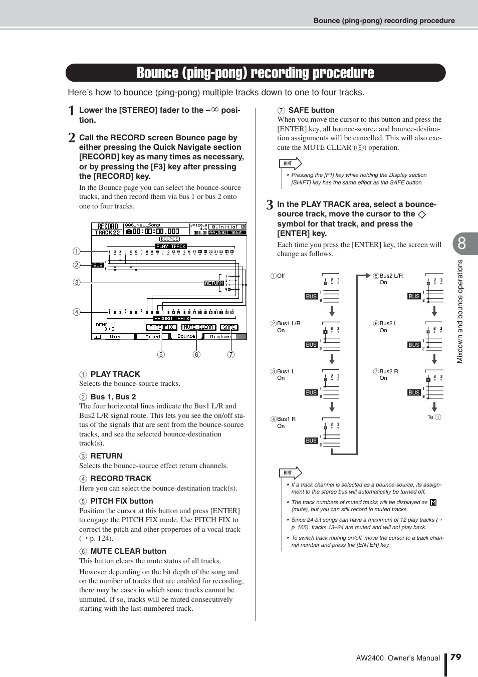 Bounce (ping-pong) recording procedure | Yamaha AW2400 User Manual | Page 79 / 288