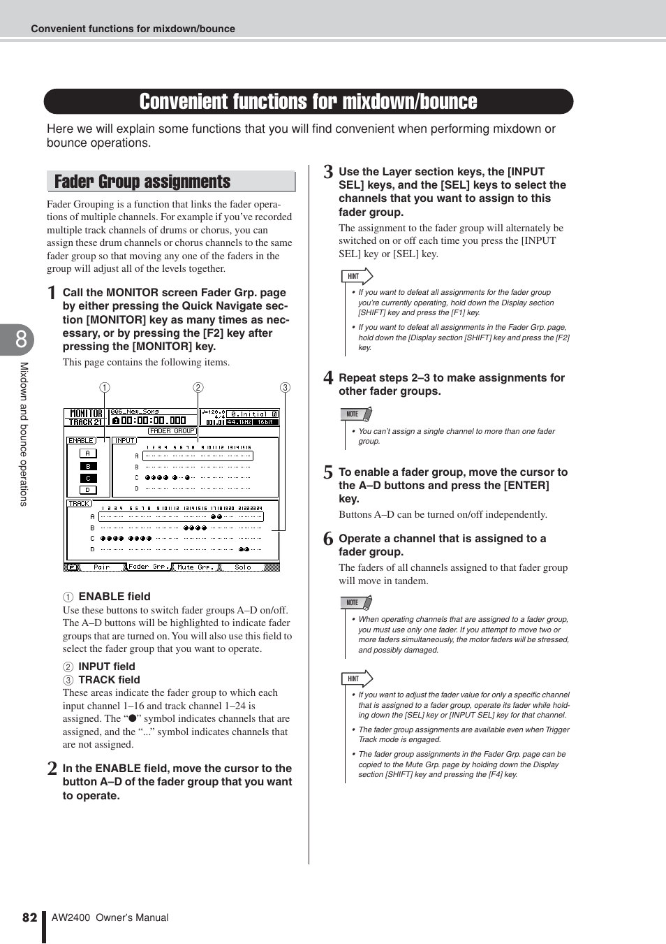 Convenient functions for mixdown/bounce, Fader group assignments | Yamaha AW2400 User Manual | Page 82 / 288