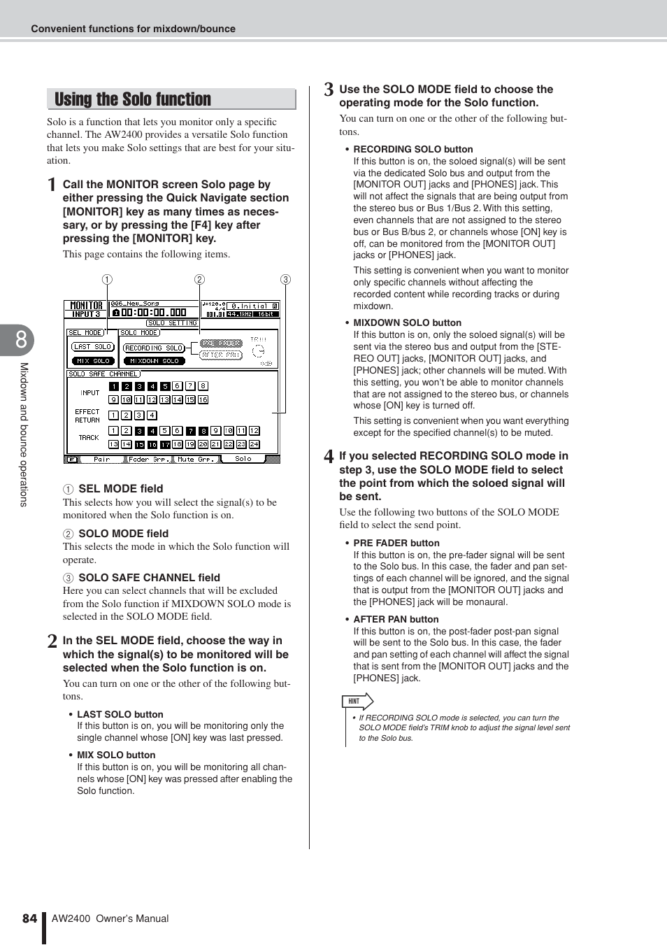 Using the solo function | Yamaha AW2400 User Manual | Page 84 / 288