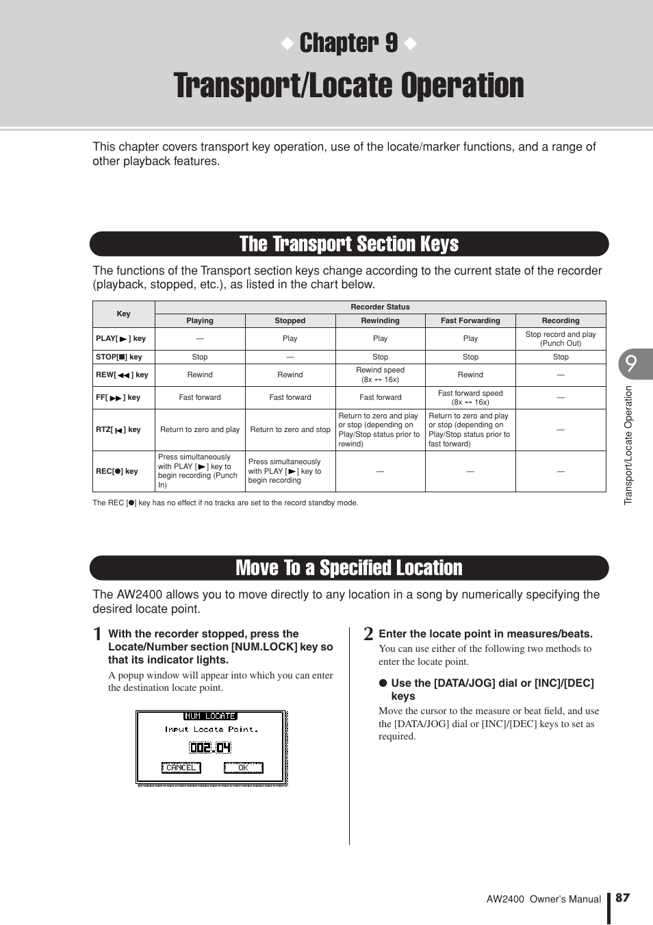 Transport/locate operation, The transport section keys, Move to a specified location | Chapter 9 | Yamaha AW2400 User Manual | Page 87 / 288