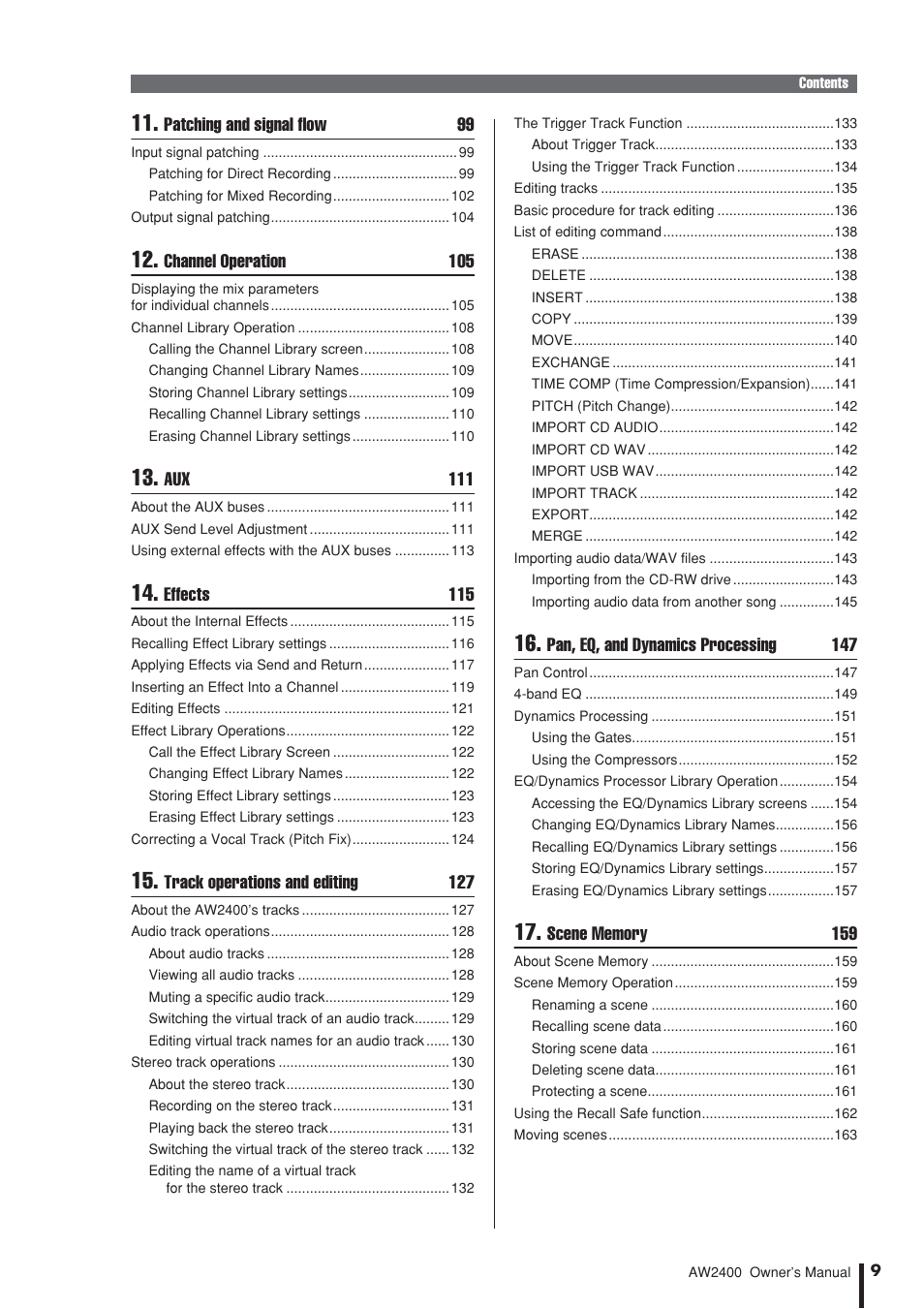 Patching and signal flow 99, Channel operation 105, Aux 111 | Effects 115, Track operations and editing 127, Pan, eq, and dynamics processing 147 | Yamaha AW2400 User Manual | Page 9 / 288