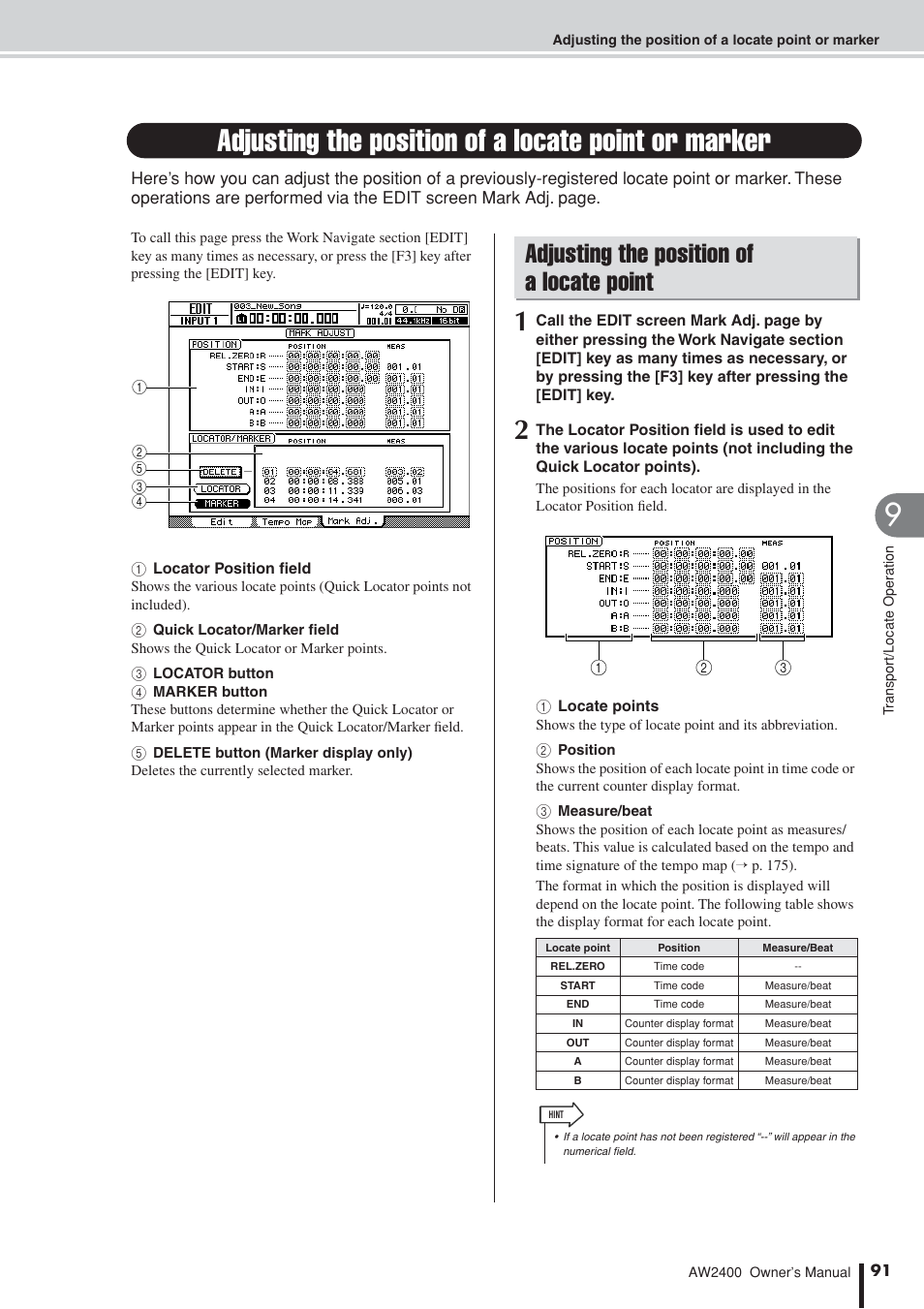 Adjusting the position of a locate point or marker, Adjusting the position of a locate point, Locate points can be adjusted as desired | P. 91) | Yamaha AW2400 User Manual | Page 91 / 288