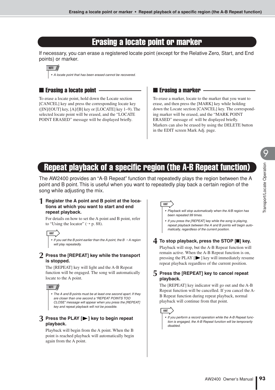 Erasing a locate point or marker, A-b repeat function, P. 93) | Ased, P. 93) or mo, Erasing a locate point ■ erasing a marker | Yamaha AW2400 User Manual | Page 93 / 288