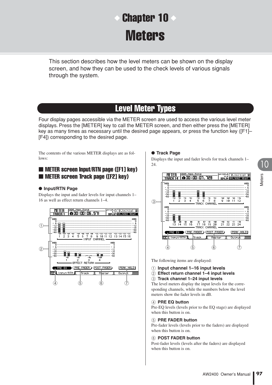 Meters, Level meter types, Chapter 10 | Yamaha AW2400 User Manual | Page 97 / 288