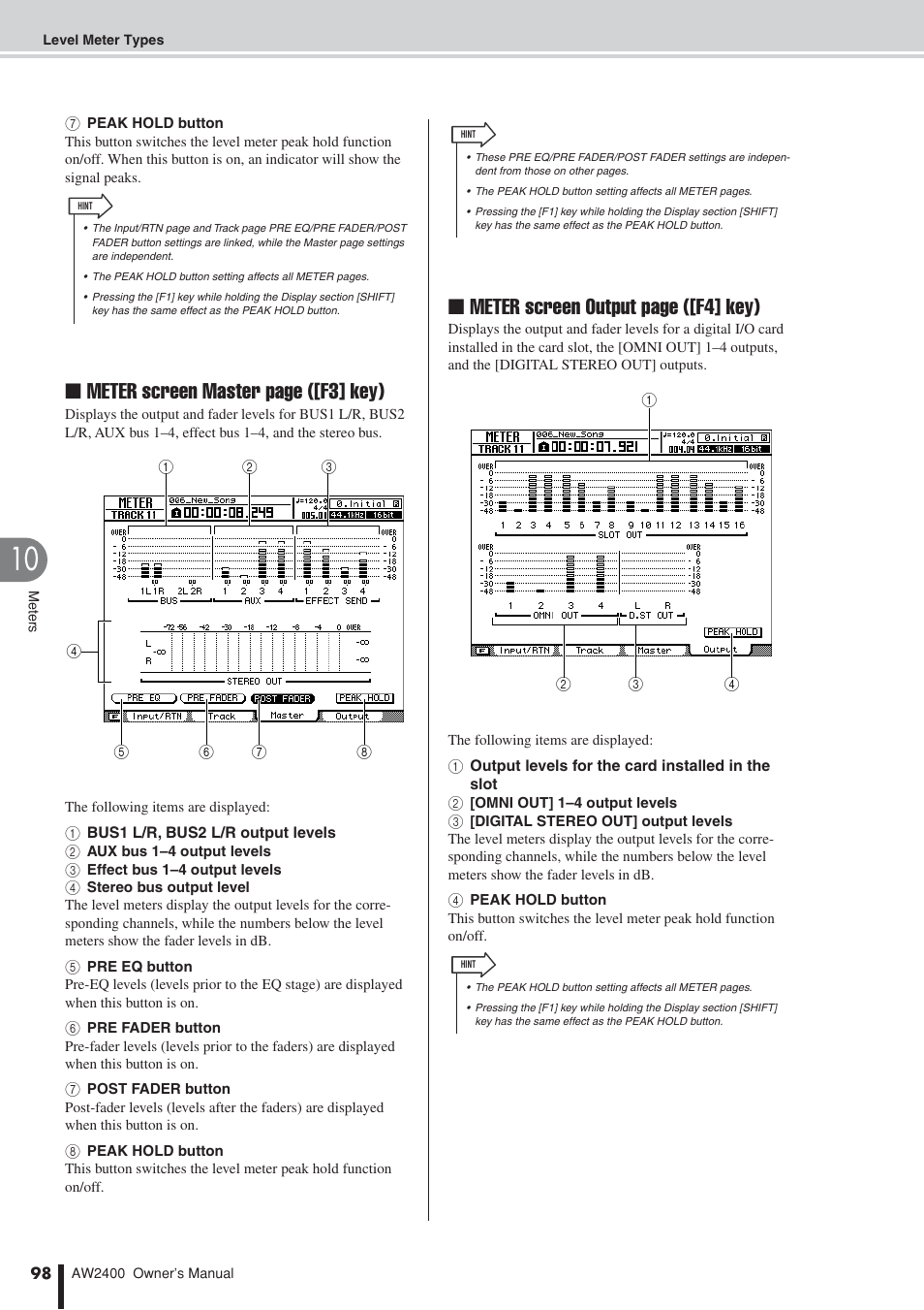 Meter screen master page ([f3] key), Meter screen output page ([f4] key) | Yamaha AW2400 User Manual | Page 98 / 288