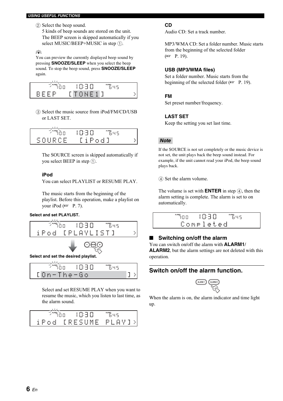 Switch on/off the alarm function | Yamaha TSX-130 User Manual | Page 10 / 25