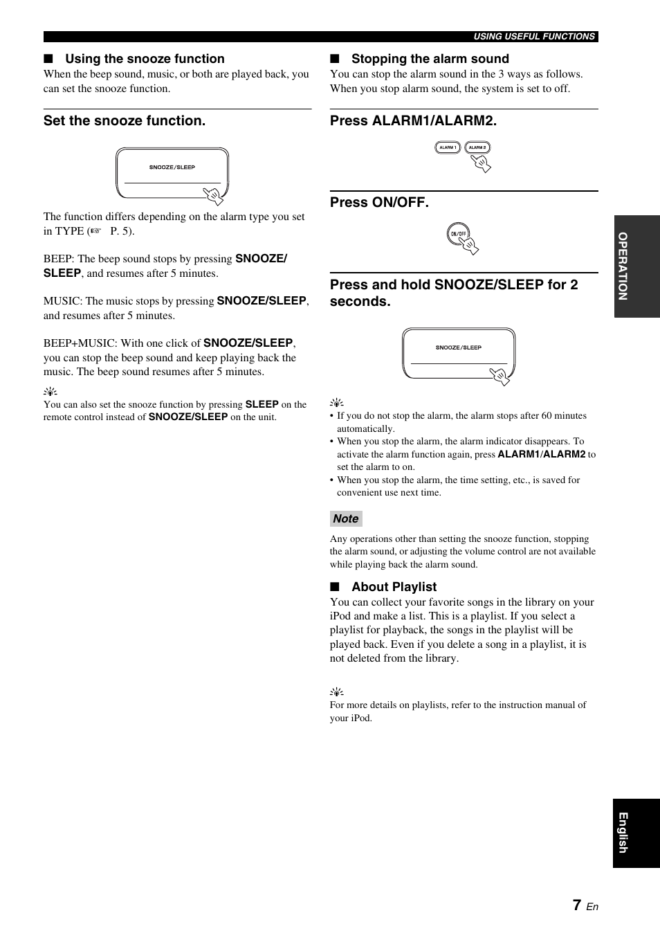 P. 7, P. 7), Set the snooze function | Yamaha TSX-130 User Manual | Page 11 / 25