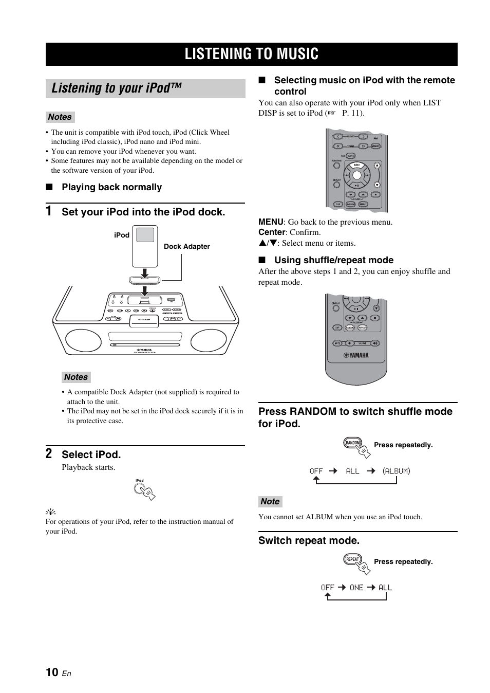Listening to music, Listening to your ipod, Od dock | P. 10), P. 10 | Yamaha TSX-130 User Manual | Page 14 / 25