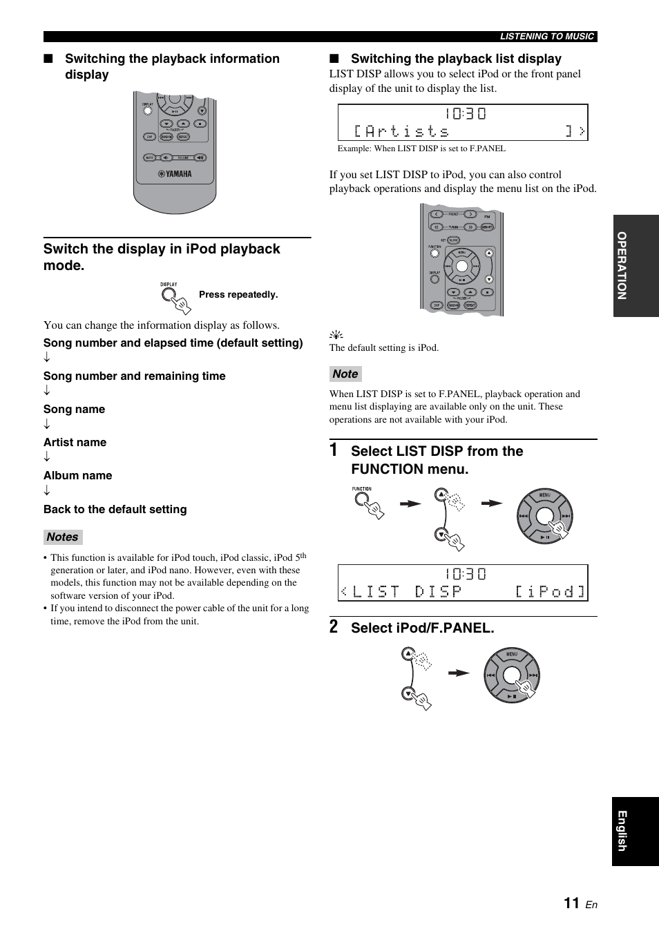 P. 11, Switch the display in ipod playback mode, Select list disp from the function menu | Select ipod/f.panel | Yamaha TSX-130 User Manual | Page 15 / 25