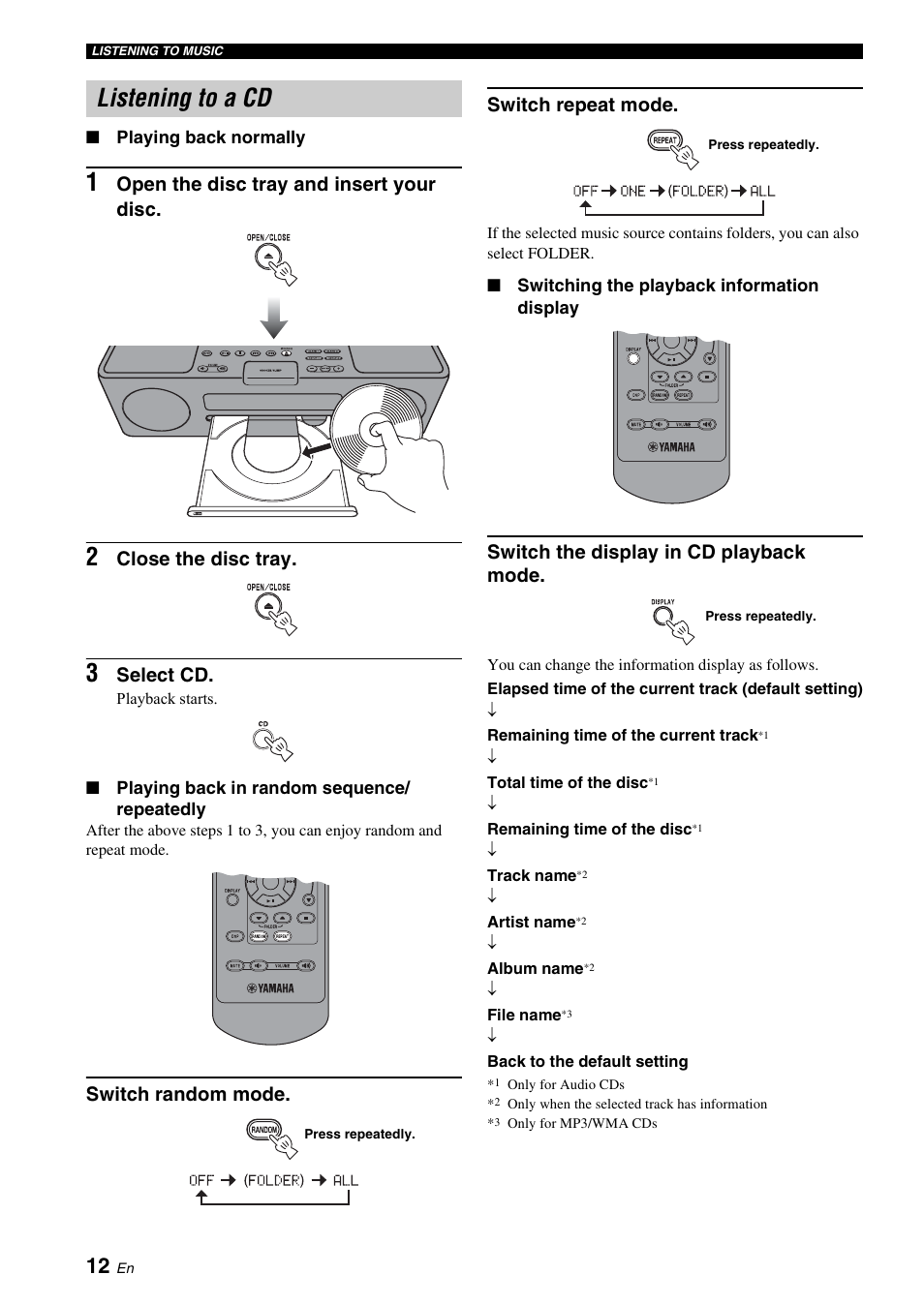 Listening to a cd, P. 12), Open the disc tray and insert your disc | Close the disc tray, Select cd, Switch random mode. switch repeat mode, Switch the display in cd playback mode | Yamaha TSX-130 User Manual | Page 16 / 25