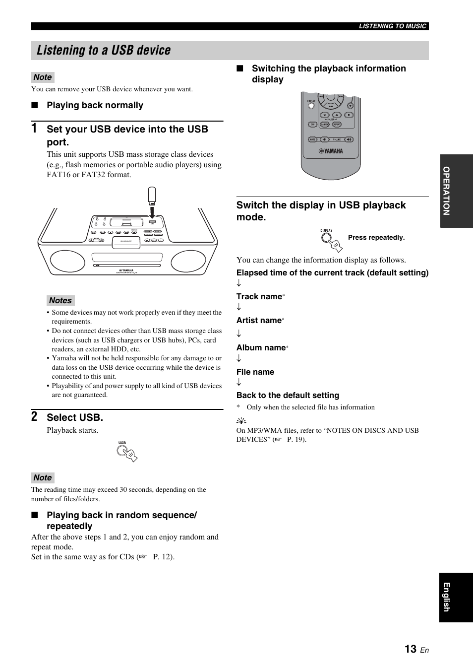 Listening to a usb device, P. 13), Set your usb device into the usb port | Select usb, Switch the display in usb playback mode | Yamaha TSX-130 User Manual | Page 17 / 25