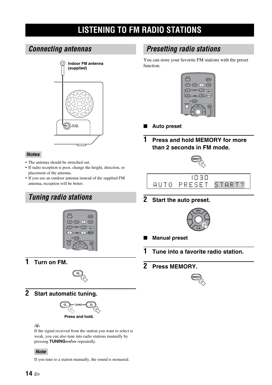 Listening to fm radio stations, Connecting antennas, Tuning radio stations | Presetting radio stations, P. 14) | Yamaha TSX-130 User Manual | Page 18 / 25