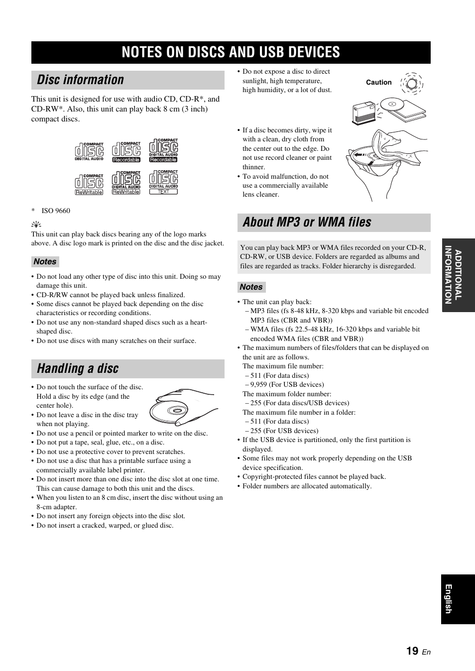 Notes on discs and usb devices, Disc information, Handling a disc | About mp3 or wma files, P. 19, P. 19), Handling a disc about mp3 or wma files | Yamaha TSX-130 User Manual | Page 23 / 25