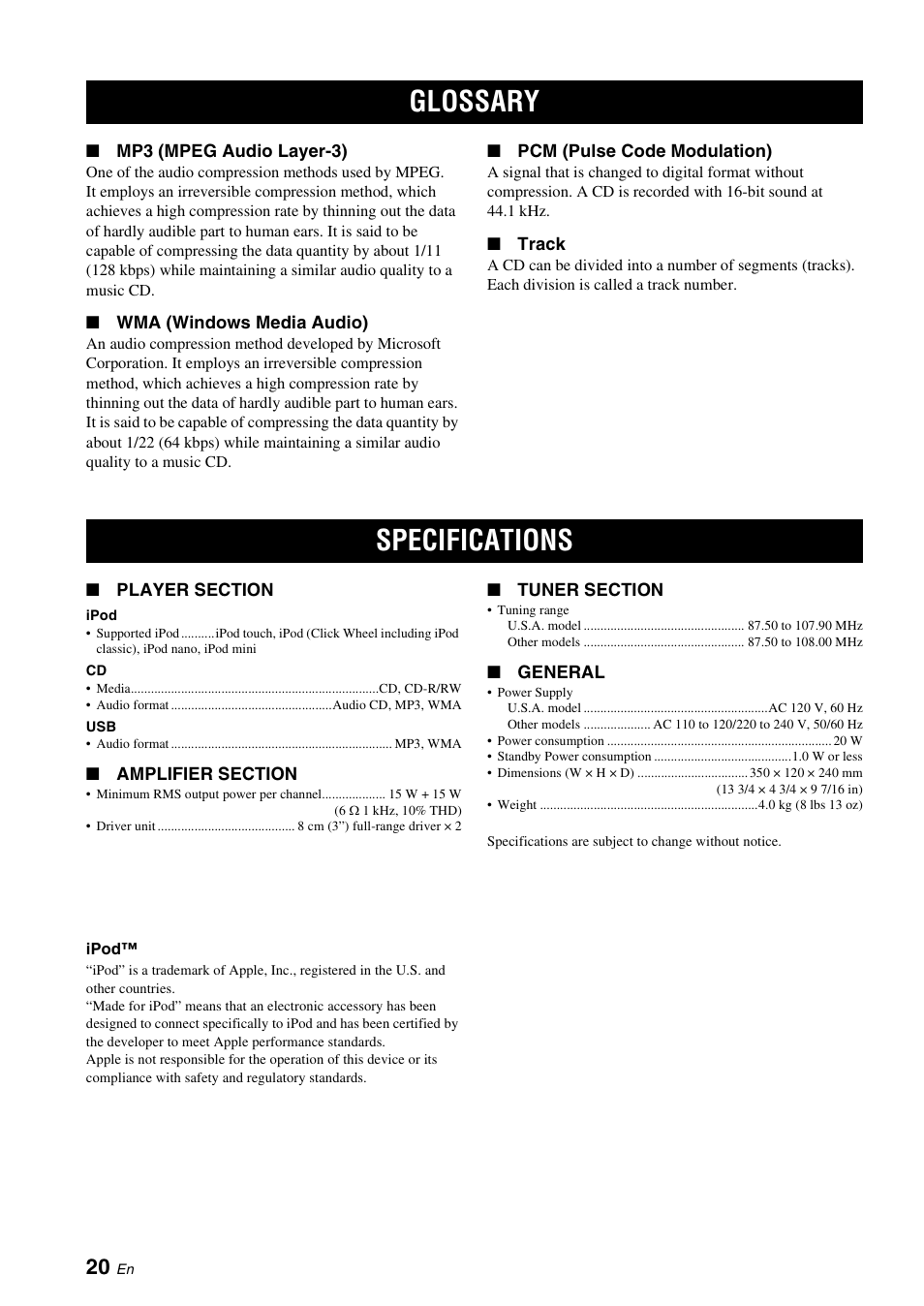 Glossary, Specifications, Glossary specifications | Yamaha TSX-130 User Manual | Page 24 / 25