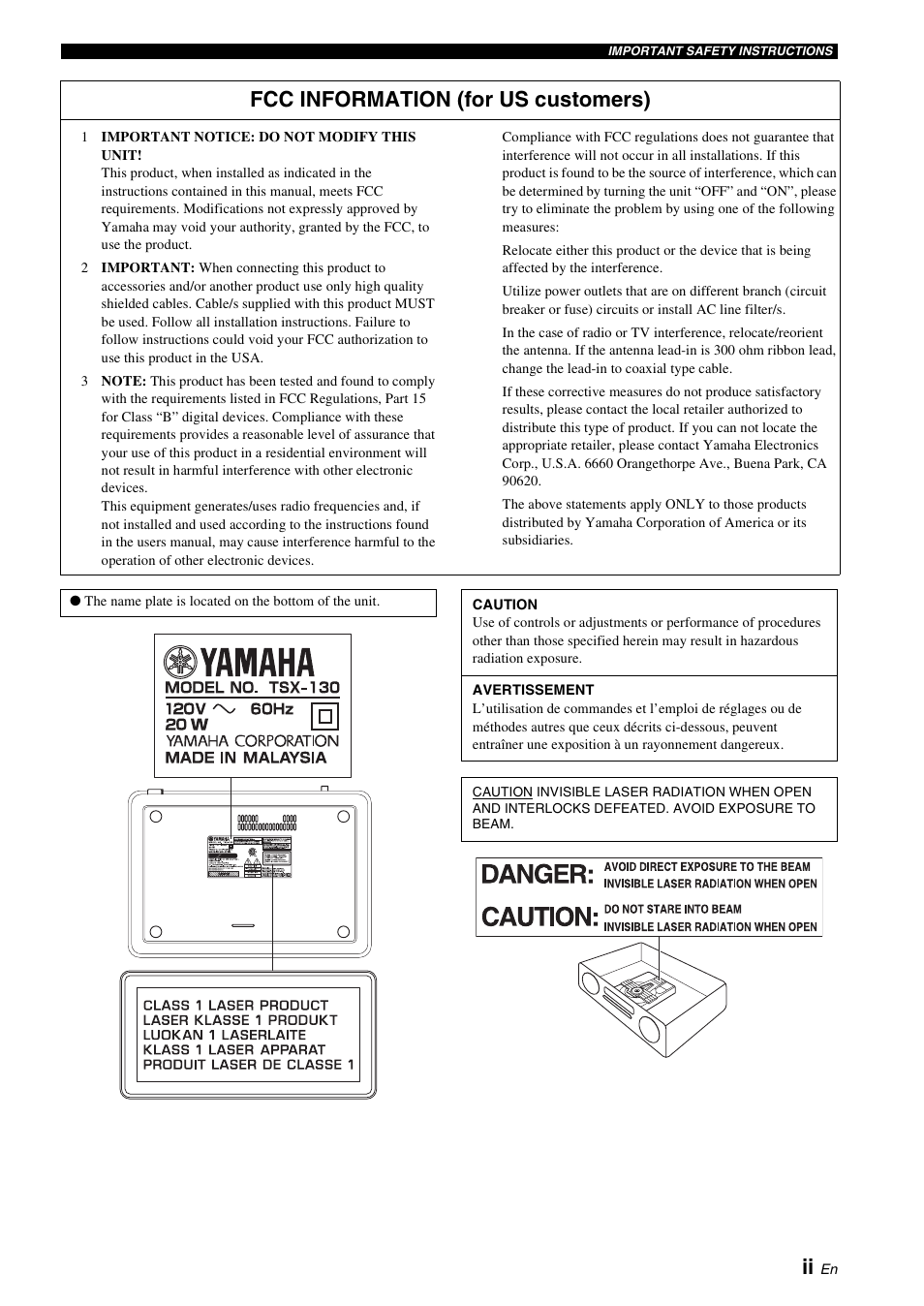 Fcc information (for us customers) | Yamaha TSX-130 User Manual | Page 3 / 25