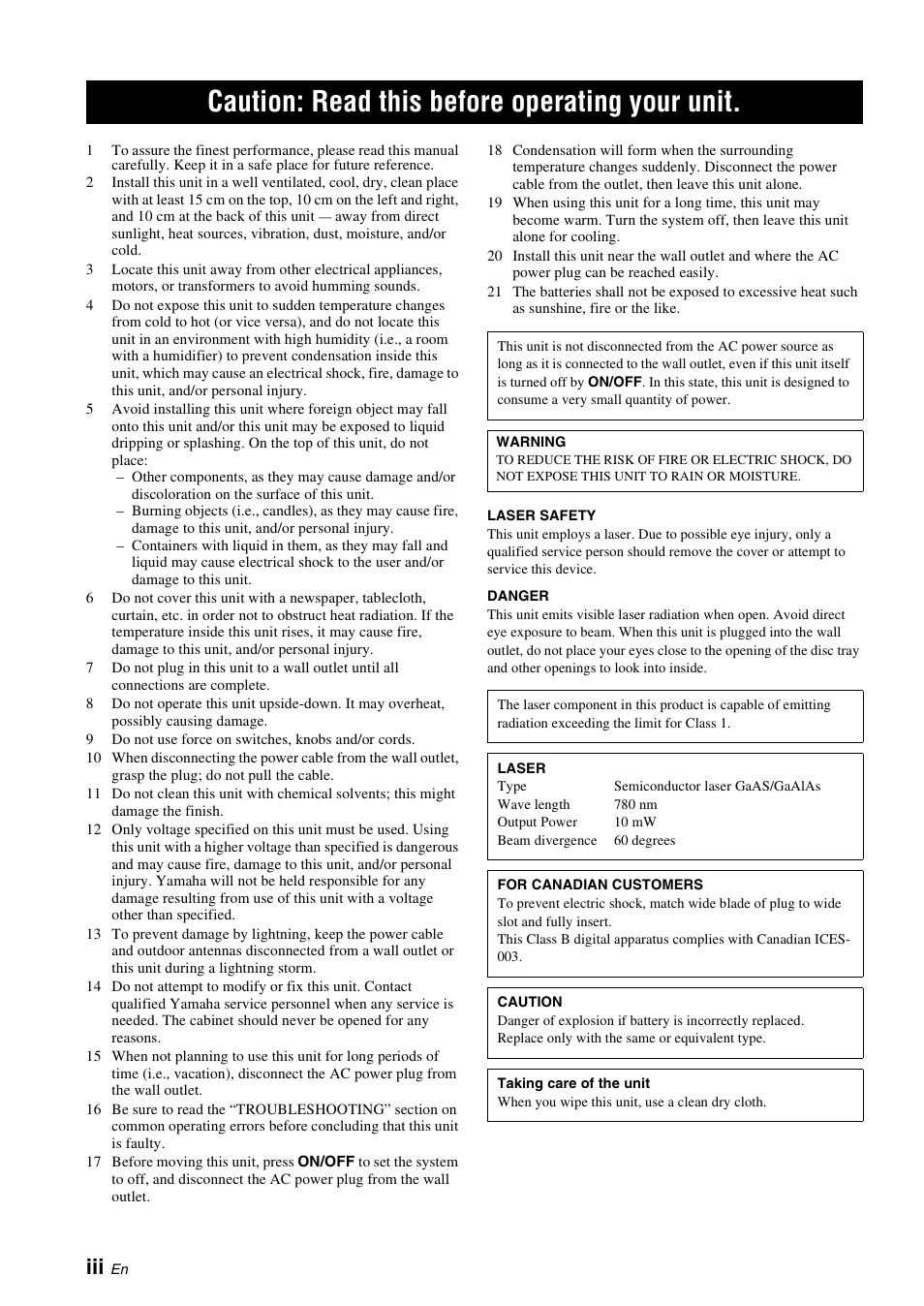 Caution: read this before operating your unit | Yamaha TSX-130 User Manual | Page 4 / 25