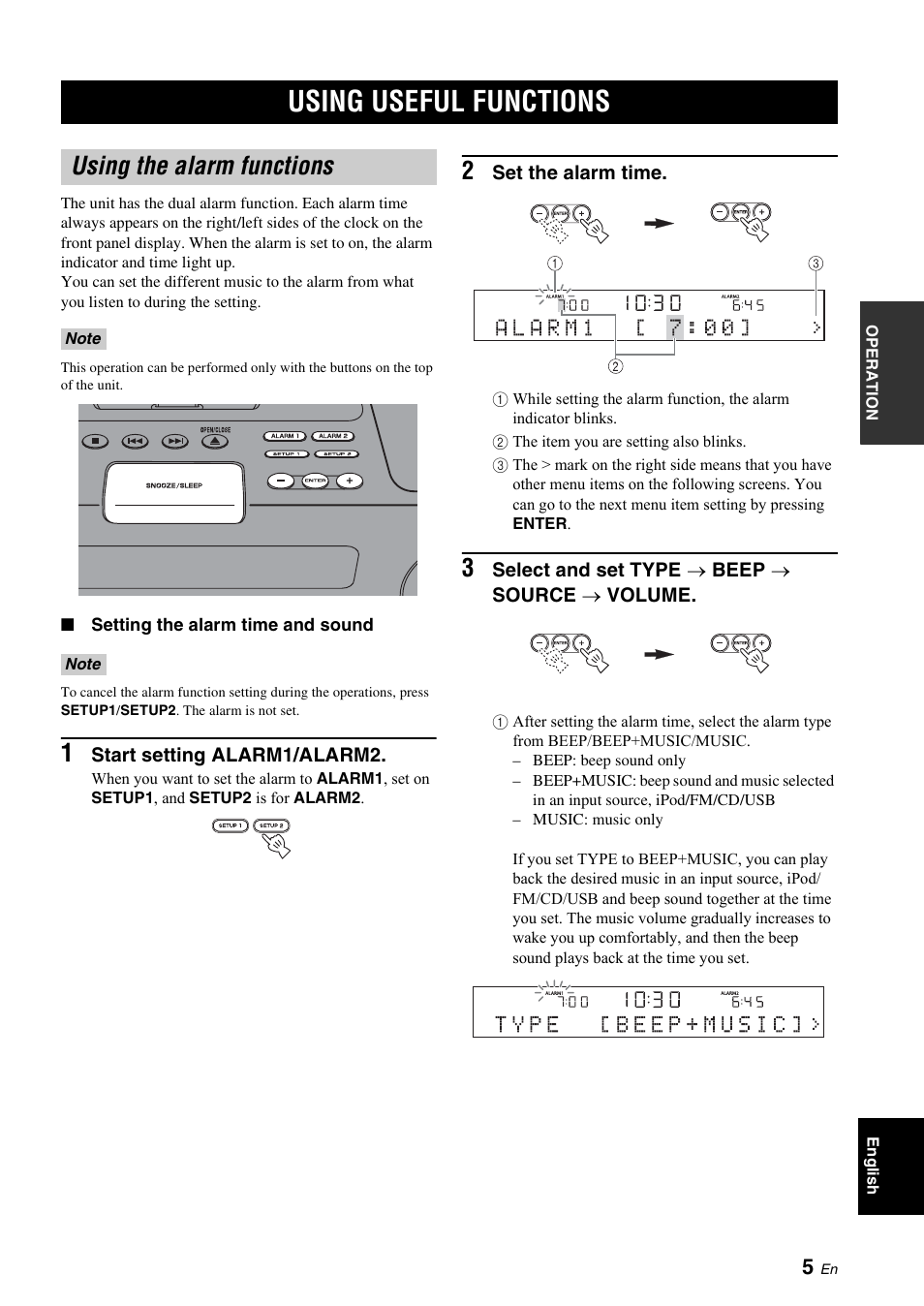 Operation, Using useful functions, Using the alarm functions | P. 5) | Yamaha TSX-130 User Manual | Page 9 / 25