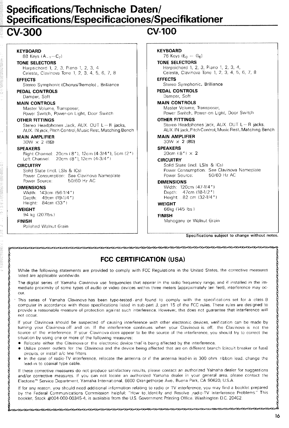 Fcc certification (usa), Cv-100 | Yamaha Clavinova CV-100 User Manual | Page 7 / 8