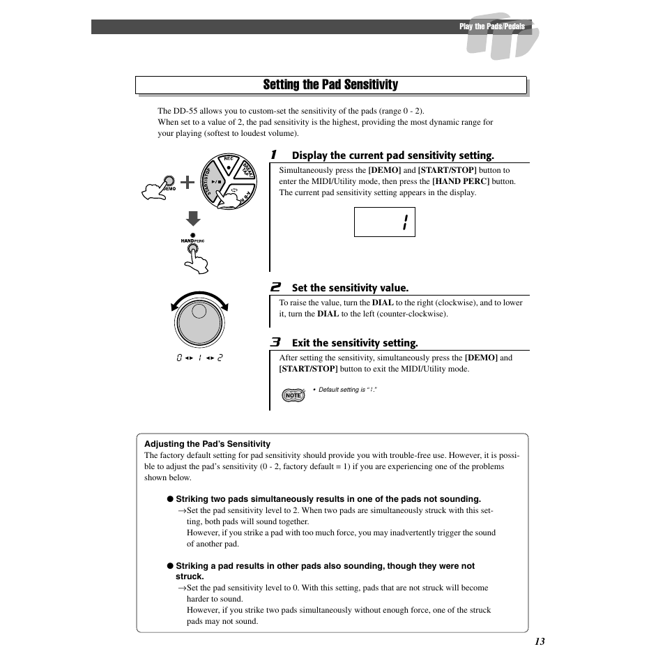 Setting the pad sensitivity | Yamaha Druid Digital Percussion DD-55 User Manual | Page 13 / 47