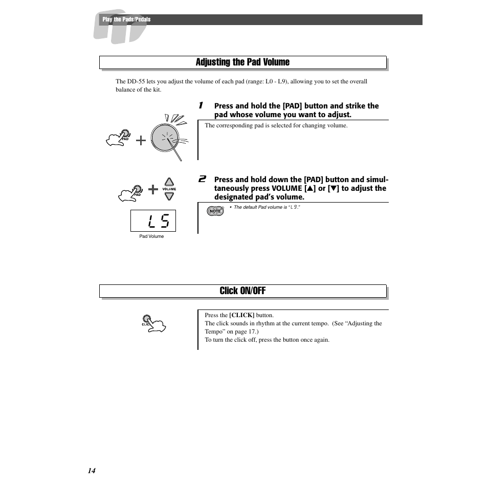 Adjusting the pad volume, Click on/off, Adjusting the pad volume click on/off | Yamaha Druid Digital Percussion DD-55 User Manual | Page 14 / 47