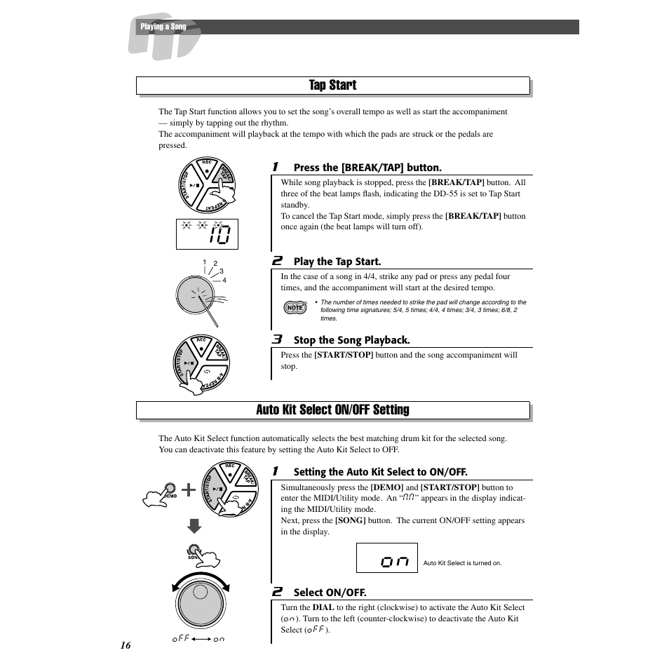 Tap start, Auto kit select on/off setting, Tap start auto kit select on/off setting | Yamaha Druid Digital Percussion DD-55 User Manual | Page 16 / 47