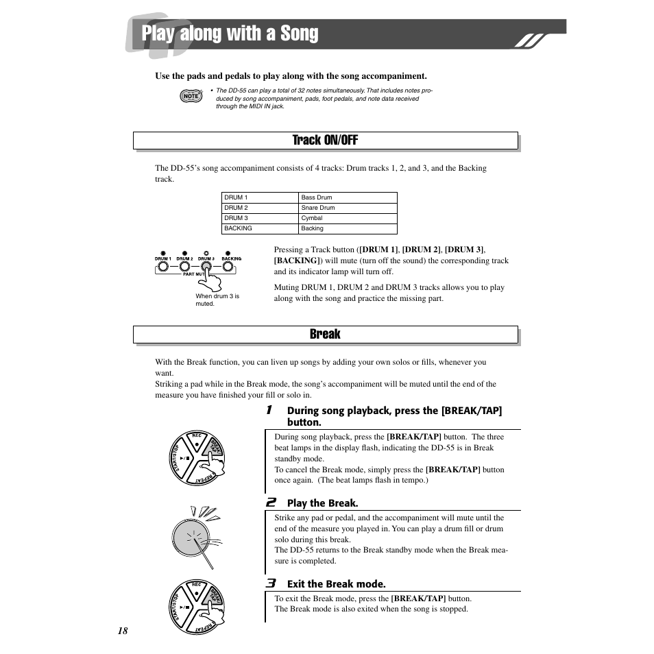 Play along with a song, Track on/off, Break | Track on/off break | Yamaha Druid Digital Percussion DD-55 User Manual | Page 18 / 47