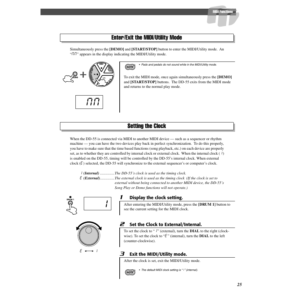 Enter/exit the midi/utility mode, Setting the clock, Enter/exit the midi/utility mode setting the clock | Mm i | Yamaha Druid Digital Percussion DD-55 User Manual | Page 25 / 47