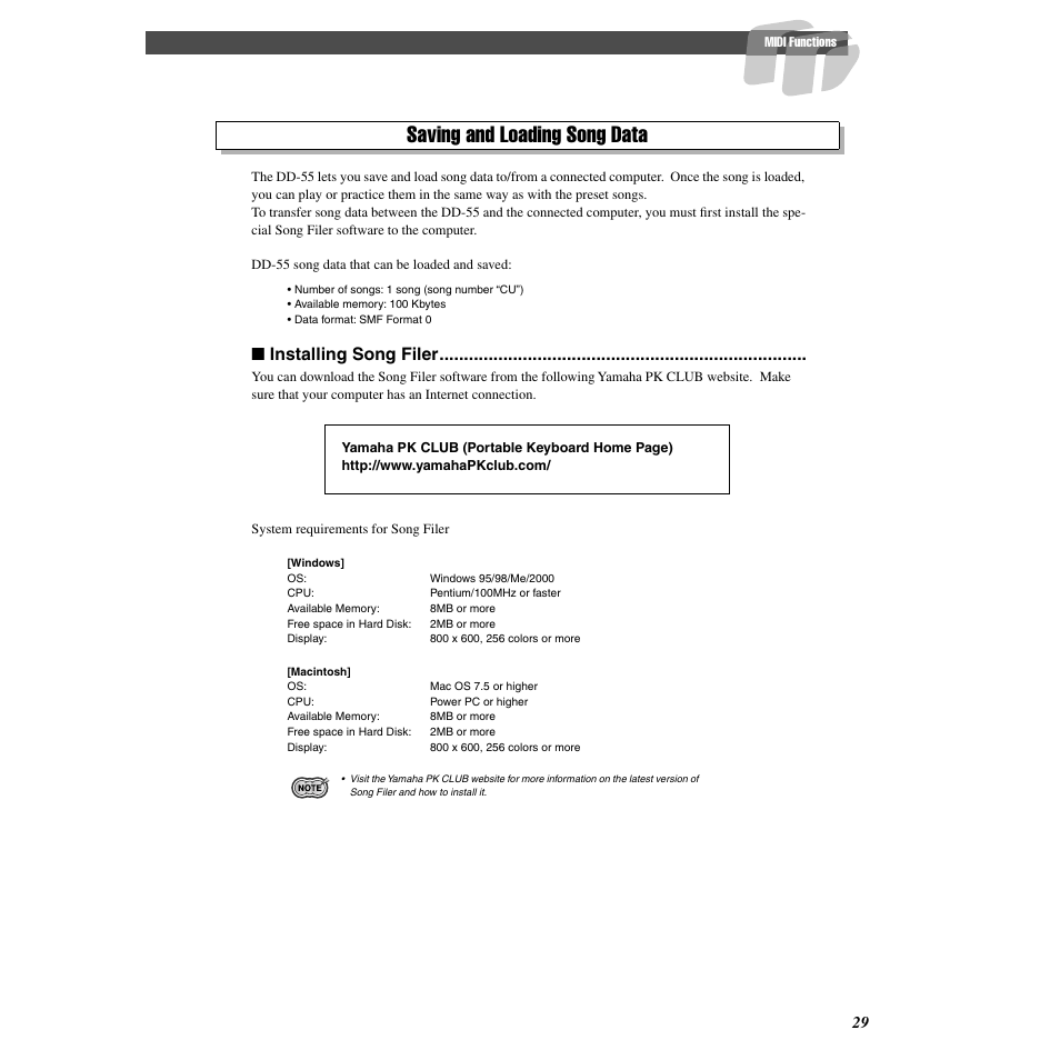 Saving and loading song data, Installing song filer | Yamaha Druid Digital Percussion DD-55 User Manual | Page 29 / 47