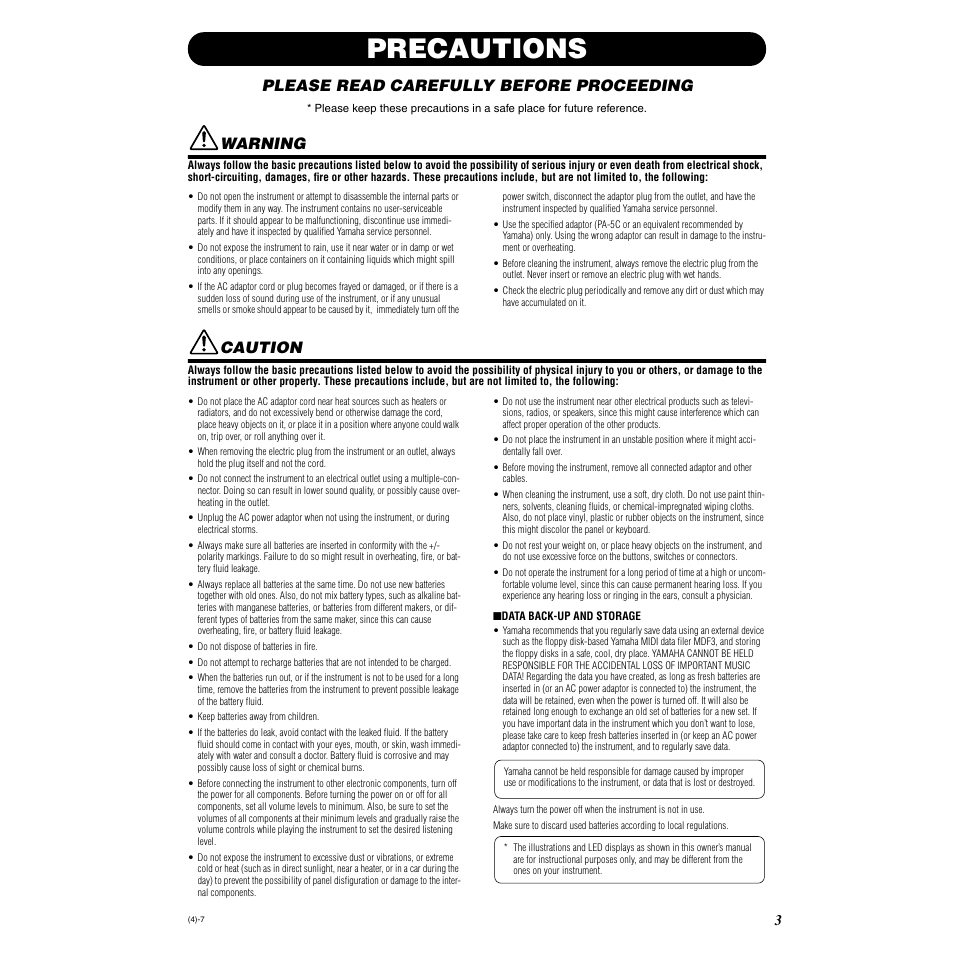 Precautions, Please read carefully before proceeding, Warning | Caution | Yamaha Druid Digital Percussion DD-55 User Manual | Page 3 / 47