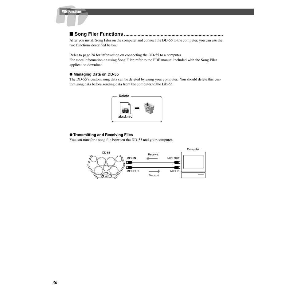 Song filer functions | Yamaha Druid Digital Percussion DD-55 User Manual | Page 30 / 47