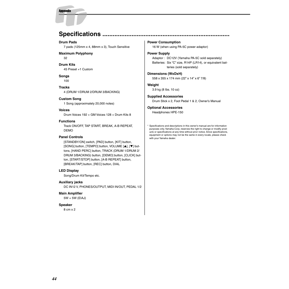 Specifications | Yamaha Druid Digital Percussion DD-55 User Manual | Page 44 / 47