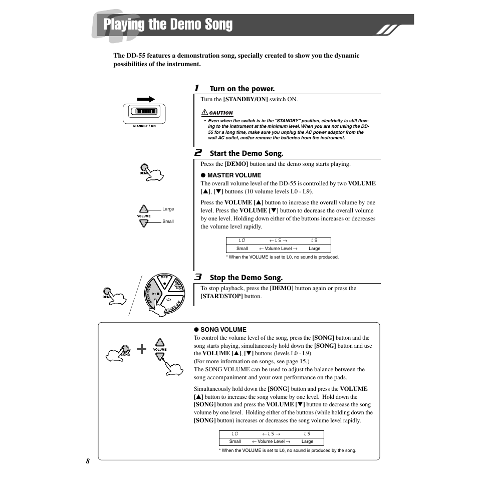 Playing the demo song | Yamaha Druid Digital Percussion DD-55 User Manual | Page 8 / 47