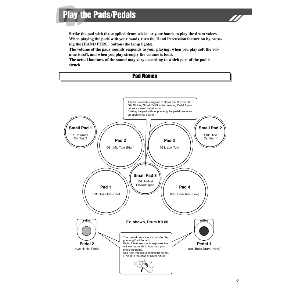 Play the pads/pedals, Pad names | Yamaha Druid Digital Percussion DD-55 User Manual | Page 9 / 47