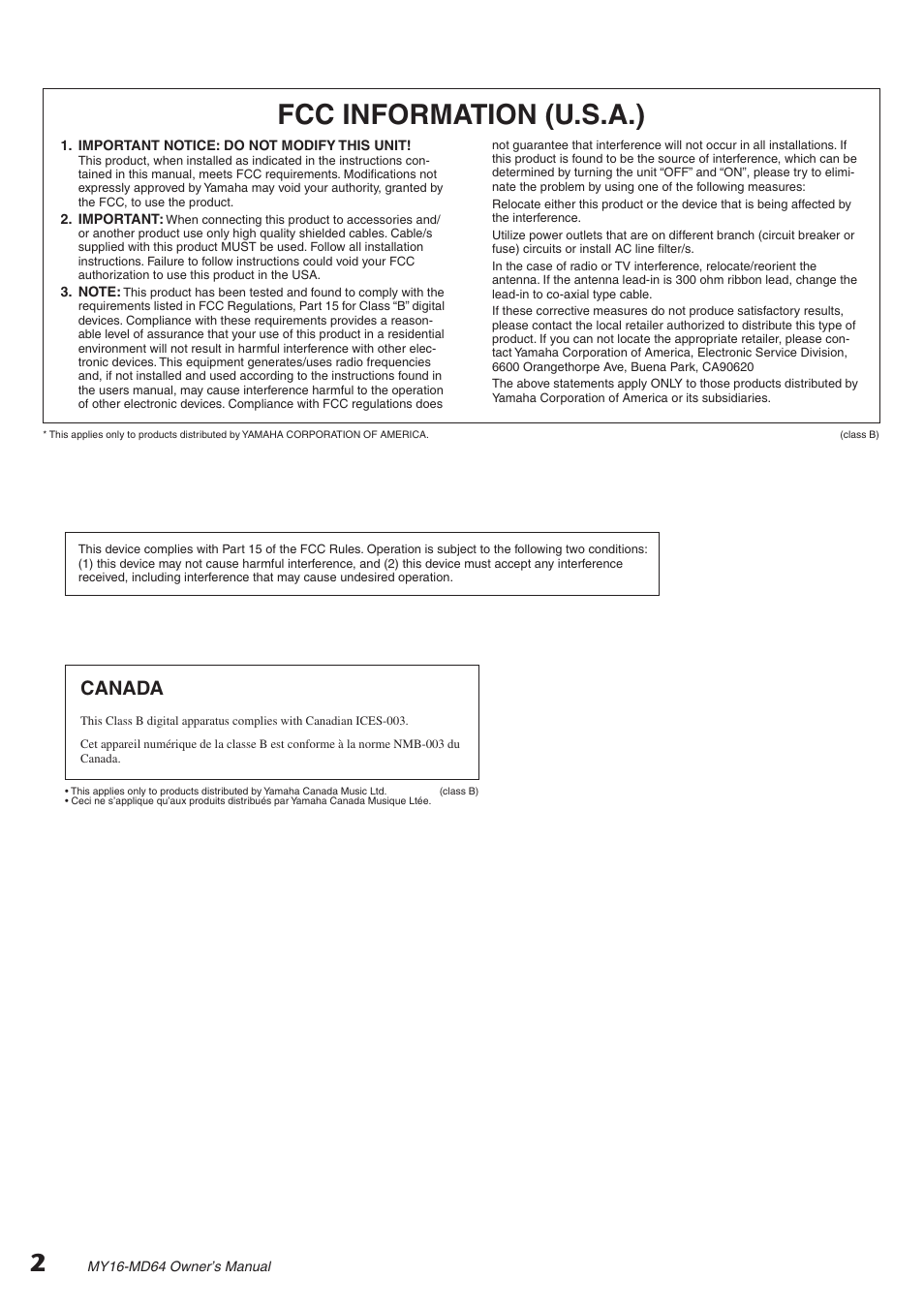 Fcc information (u.s.a.), Canada | Yamaha MY16-MD64 User Manual | Page 2 / 8