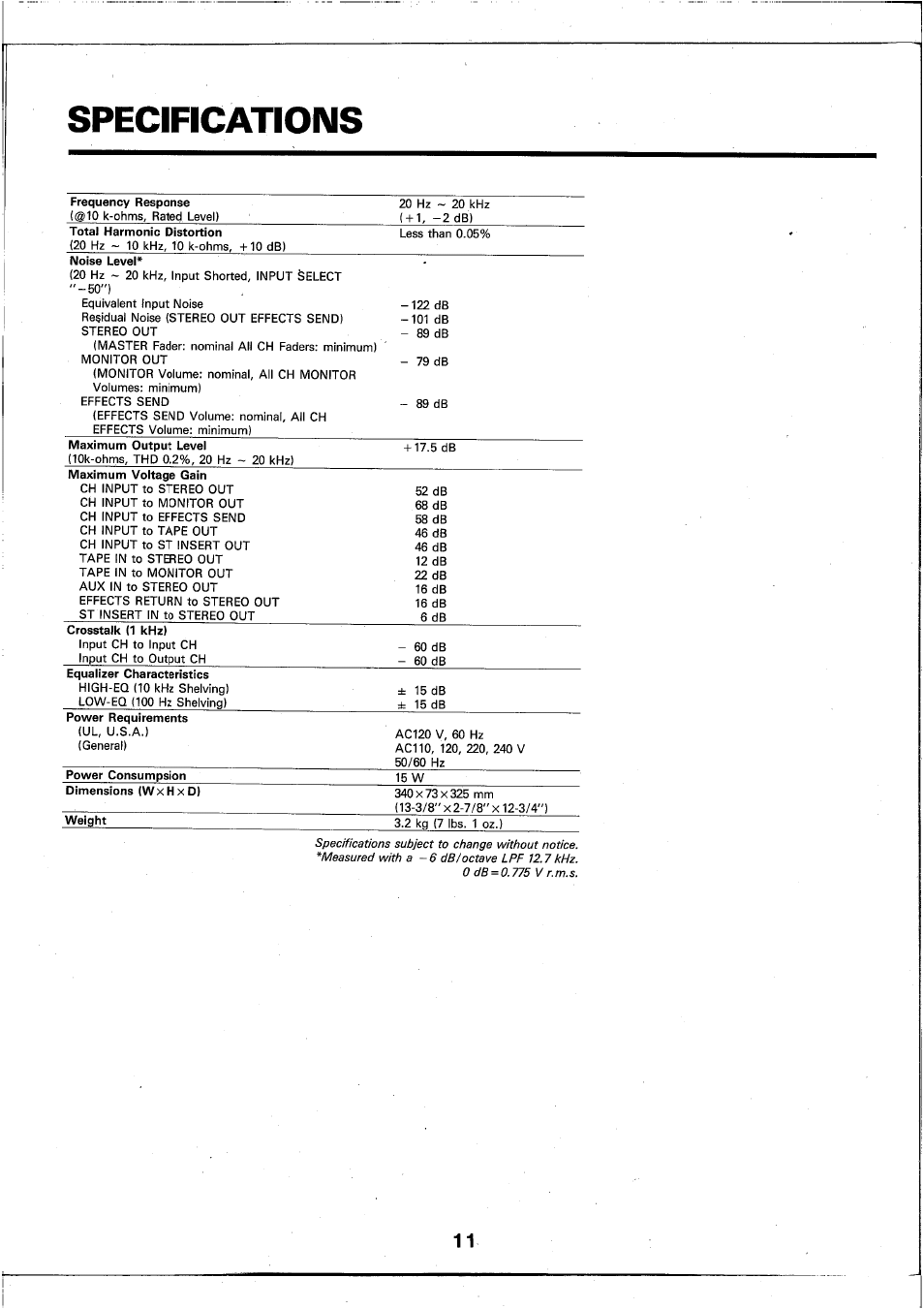 Specifications | Yamaha RM602 User Manual | Page 12 / 44